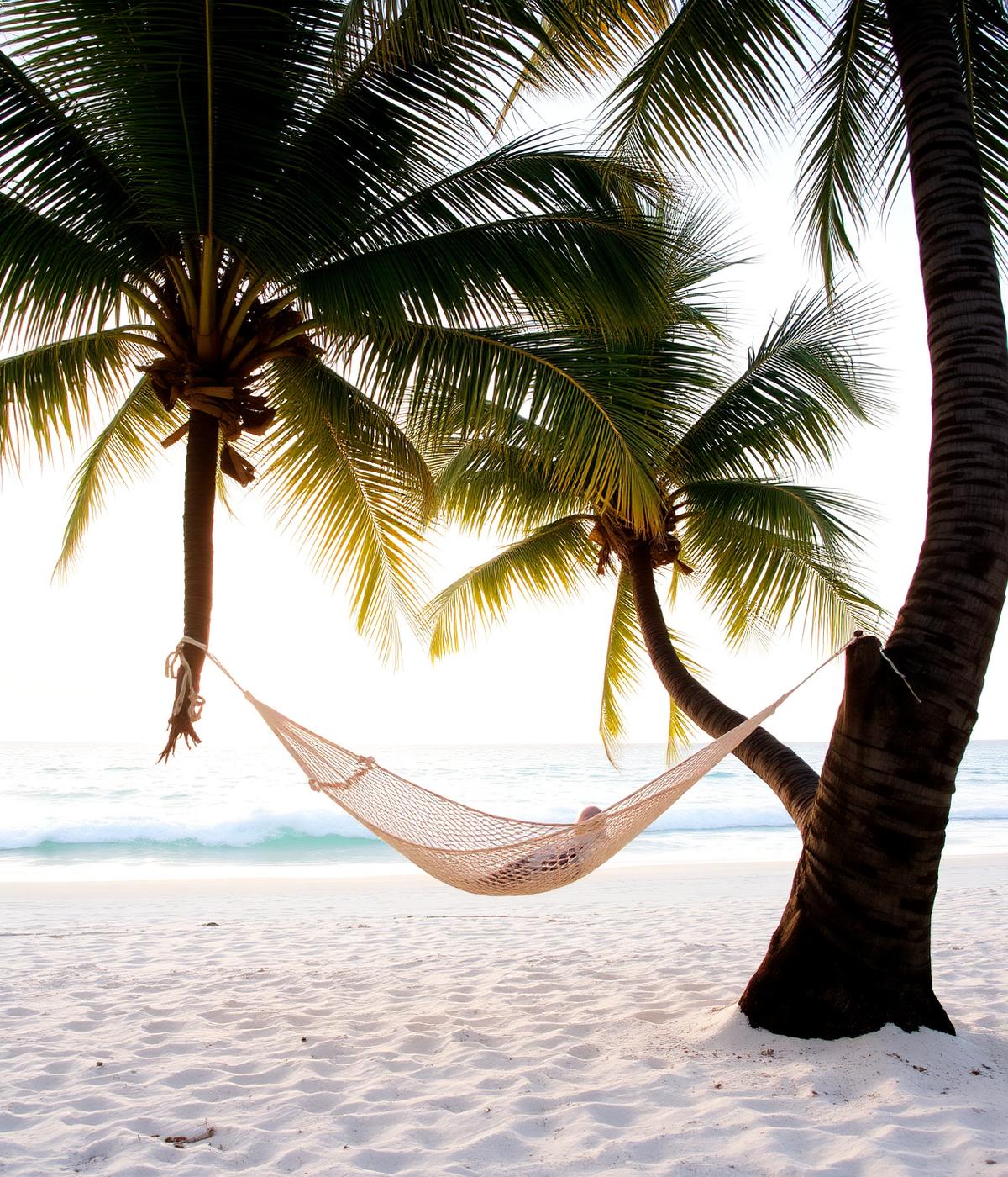 Hammock strung between two palm trees on a Siargao beach at sunset