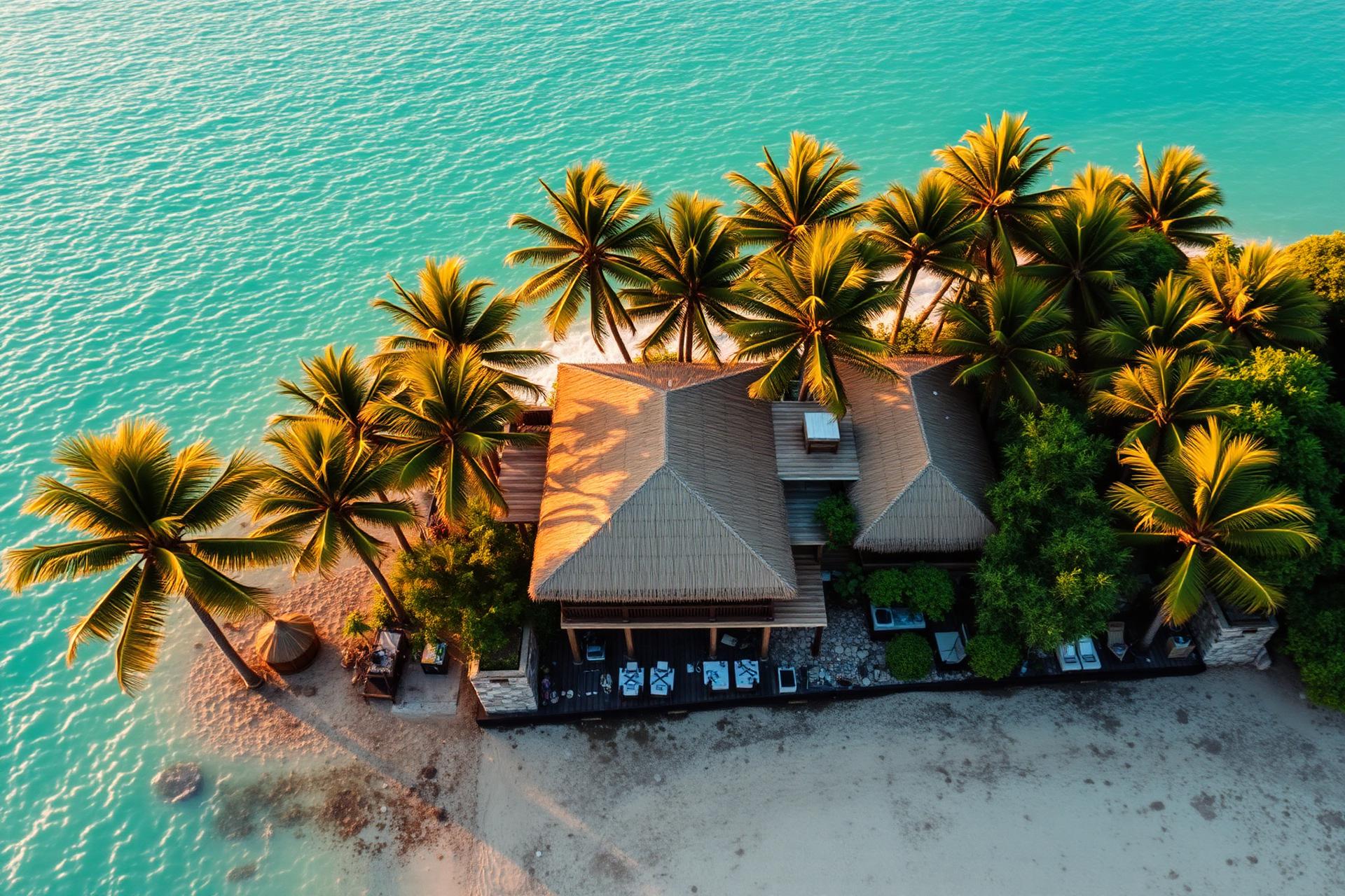 Aerial view of a thatched-roof villa on a turquoise Siargao coastline